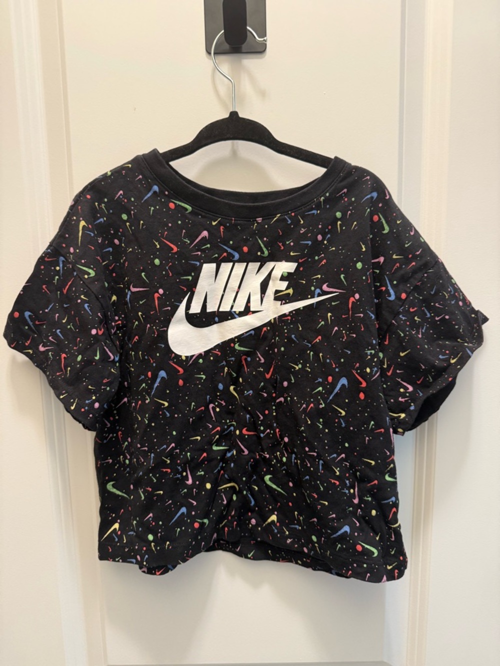 Nike Black Boxy Tee with White Logo and Multicolor Swoosh Print